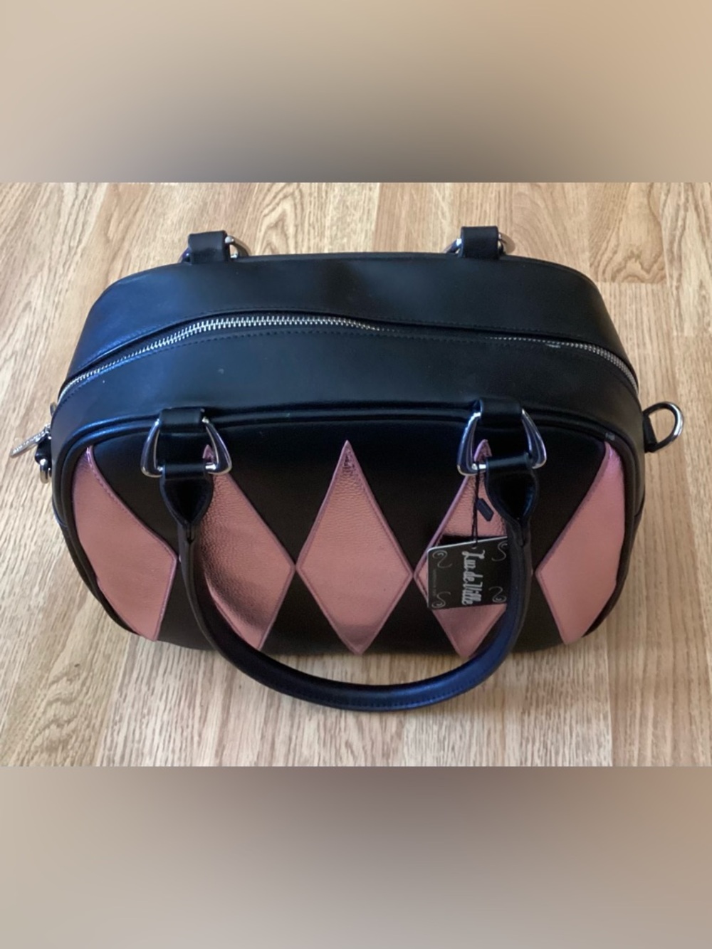 Lux de Ville Black Satchel with Metallic Pink Diamond Panels - Picture 2 of 11